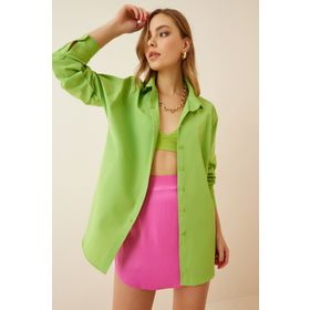Happiness İst. DD00842 Kadın Fıstık Yeşili Oversize Uzun Basic Gömlek