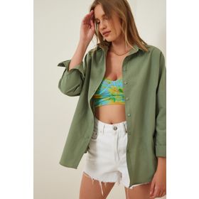 Happiness İst. DD00842 Kadın Haki Oversize Uzun Basic Gömlek