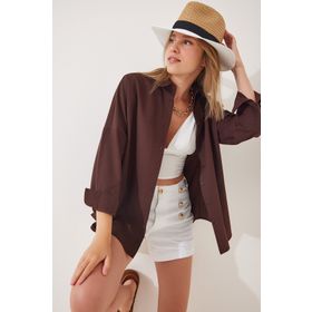 Happiness İst. DD00842 Kadın Kahverengi Oversize Uzun Basic Gömlek