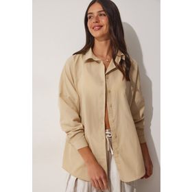 Happiness İst. DD00842 Kadın Koyu Krem Oversize Uzun Basic Gömlek