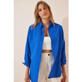 Happiness İst. DD00842 Kadın Koyu Mavi Oversize Uzun Basic Gömlek