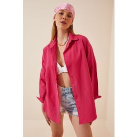 Happiness İst. DD00842 Kadın Koyu Pembe Oversize Uzun Basic Gömlek