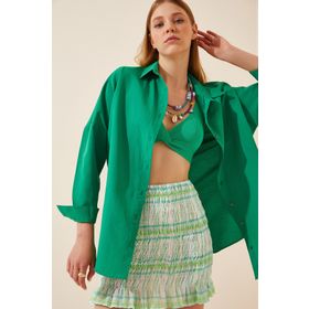Happiness İst. DD00842 Kadın Koyu Yeşil Oversize Uzun Basic Gömlek