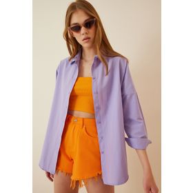 Happiness İst. DD00842 Kadın Lila Oversize Uzun Basic Gömlek