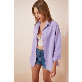 Happiness İst. DD00842 Kadın Lila Oversize Uzun Basic Gömlek