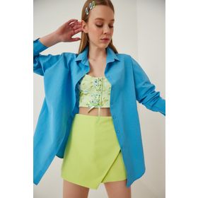 Happiness İst. DD00842 Kadın Mavi Oversize Uzun Basic Gömlek