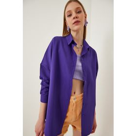Happiness İst. DD00842 Kadın Mor Oversize Uzun Basic Gömlek
