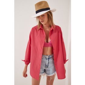 Happiness İst. DD00842 Kadın Nar Çiçeği Oversize Uzun Basic Gömlek