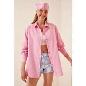 Happiness İst. DD00842 Kadın Pembe Oversize Uzun Basic Gömlek