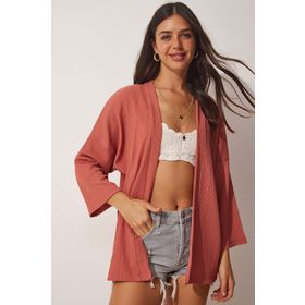 Happiness İst. DD01064 Kadın Gül Kurusu Katlı Yaka Dokulu Mevsimlik Ceket