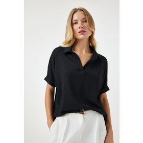 Happiness İst. DD01299 Siyah Polo Yaka Örme Krinkıl Kadın Bluz