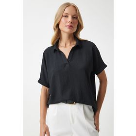 Happiness İst. DD01299 Siyah Polo Yaka Örme Krinkıl Kadın Bluz
