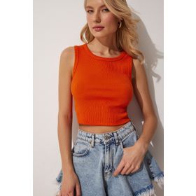 Happiness İst. DZ00030 Kadın Oranj Halter Yaka Crop Örme Bluz