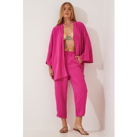 Happiness İst. DZ00046 Kadın Koyu Pembe Kimono Pantolon Takım