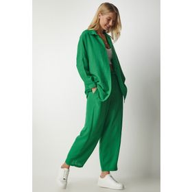 Happiness İst. DZ00080 Kadın Yeşil Ketenli Gömlek Şalvar Pantolon Takım