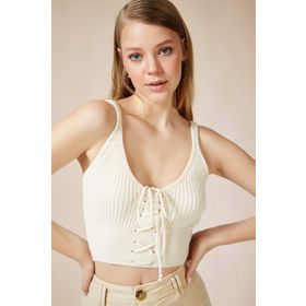 Happiness İst. EM00077 Kadın Krem Zikzak İpli Triko Crop Bluz