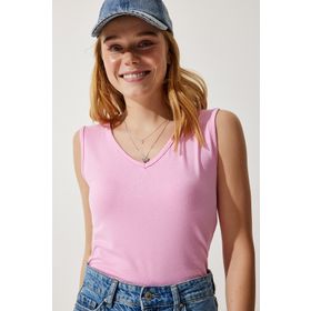 Happiness İst. EN00578 Kadın Şeker Pembe Derin Ön Arka V Yaka Viskon Bluz