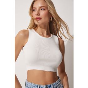 Happiness İst. ER00050 Kadın Beyaz Bisiklet Yaka Yazlık Crop Triko Bluz
