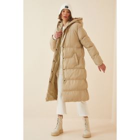 Happiness İst. FD00005 Krem Kapüşonlu Oversize Şişme Kadın Kaban