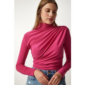 Happiness İst. FF00135 Kadın Pembe Büzgü Detaylı Dik Yaka Sandy Bluz