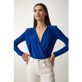 Happiness İst. FF00147 Kadın Kobalt Mavi Anvelop Yaka Çıtçıtlı Örme Bluz