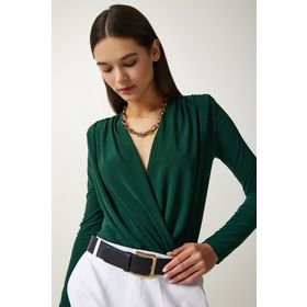 Happiness İst. FF00147 Kadın Zümrüt Yeşili Anvelop Yaka Çıtçıtlı Örme Bluz