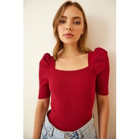 Happiness İst. GT00007 Kadın Bordo Kare Yaka Fitilli Crop Bluz