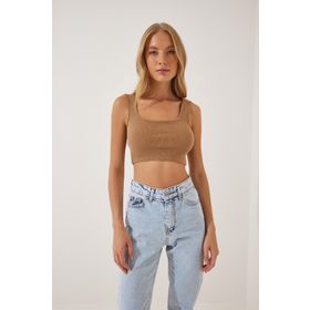 Happiness İst. GT00030 Kadın Bisküvi Askılı Fitilli Crop Örme Bluz