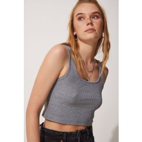 Happiness İst. GT00030 Kadın Gri Askılı Fitilli Crop Örme Bluz