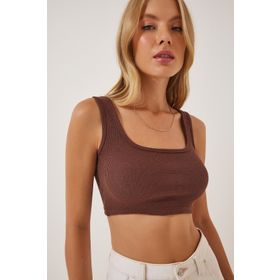 Happiness İst. GT00030 Kadın Kahverengi Askılı Fitilli Crop Örme Bluz