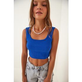 Happiness İst. GT00030 Kadın Koyu Mavi Askılı Fitilli Crop Örme Bluz