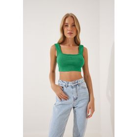 Happiness İst. GT00030 Kadın Yeşil Askılı Fitilli Crop Örme Bluz