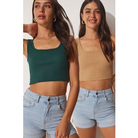 Happiness İst. GT00034 Kadın Bisküvi Zümrüt Yeşili Askılı Crop 2 Paket Örme Bluz