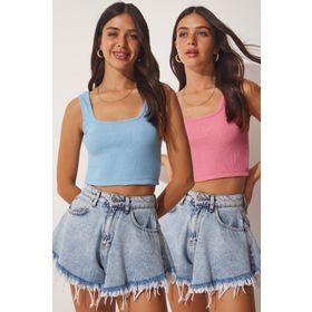 Happiness İst. GT00034 Kadın Gök Mavi Pembe Askılı Crop 2 Paket Örme Bluz