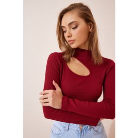 Happiness İst. GT00065 Kadın Bordo Cut Out Detaylı Fitilli Örme Bluz