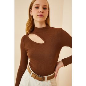 Happiness İst. GT00065 Kadın Kahverengi Cut Out Detaylı Fitilli Örme Bluz