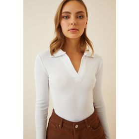 Happiness İst. GT00111 Kadın Beyaz Polo Yaka Fitilli Örme Bluz