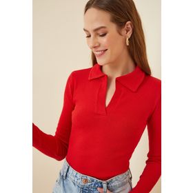 Happiness İst. GT00111 Kadın Kırmızı Polo Yaka Fitilli Örme Bluz