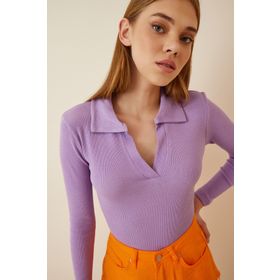 Happiness İst. GT00111 Kadın Lila Polo Yaka Fitilli Örme Bluz
