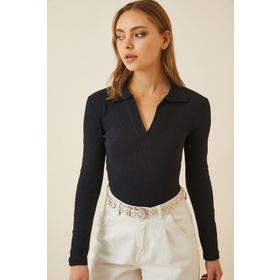 Happiness İst. GT00111 Kadın Siyah Polo Yaka Fitilli Örme Bluz