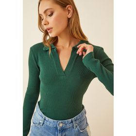 Happiness İst. GT00111 Kadın Yeşil Polo Yaka Fitilli Örme Bluz