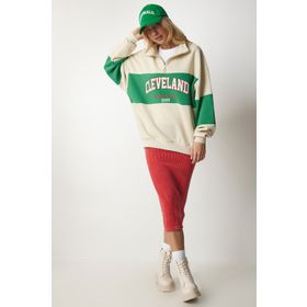 Happiness İst. HF00439 Kadın Krem Yeşil Blok Renkli Baskılı Oversize Sweatshirt