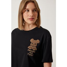 Happiness İst. HF00455 Siyah Ayıcık Armalı Crop Kadın T-Shirt