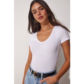 Happiness İst. HJ00001 Kadın Beyaz V Yaka Örme T-Shirt