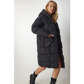 Happiness İst. HK00027 Siyah Kapüşonlu Oversize Şişme Kadın Kaban