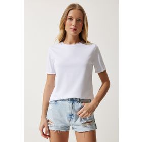 Happiness İst. Kadın Beyaz Bisiklet Yaka Basic Örme T-Shirt UB00229