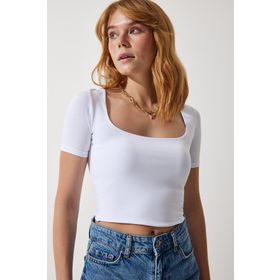 Happiness İst. Kadın Beyaz Kare Yaka Crop Örme T-Shirt AN00170