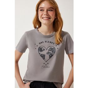 Happiness İst. Kadın Gri Baskılı Örme T-Shirt WO00035