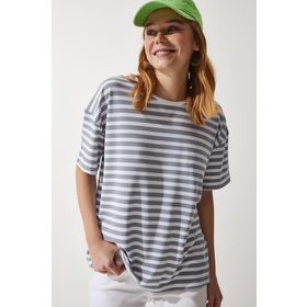 Happiness İst. Kadın Gri Bisiklet Yaka Çizgili Oversize Örme T-Shirt EN00609