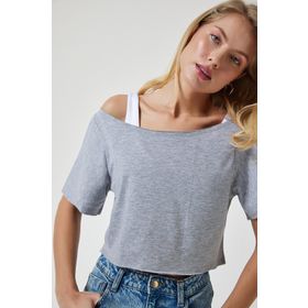 Happiness İst. Kadın Gri Melanj Kayık Yaka Basic Crop Örme T-Shirt OW00028